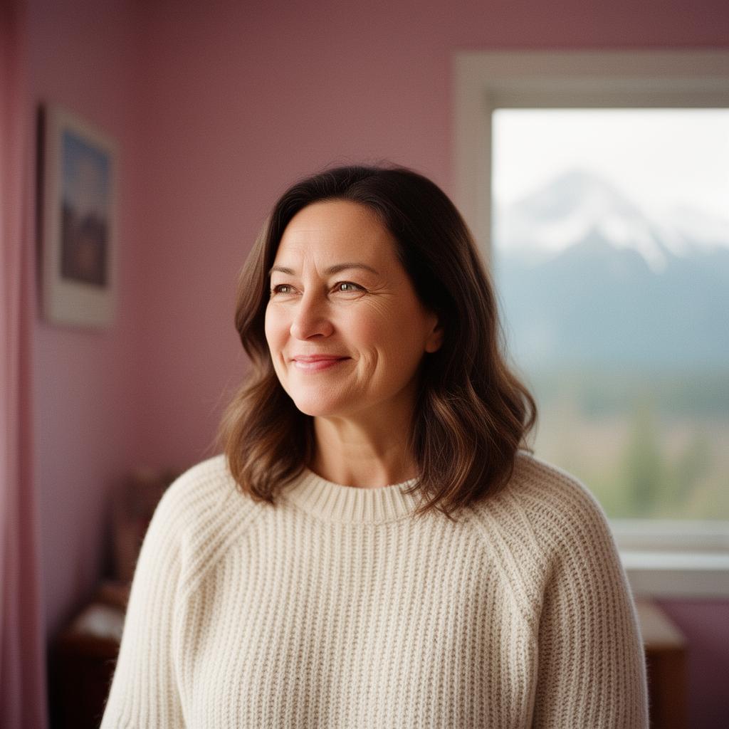 Alaskan woman at home, smiling softly with mountains visible through her window